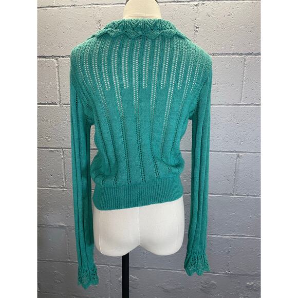 Vintage 1980s Teal Knit Cropped Sweater Lace Collar Cuffs Med Cottage Preppy - Picture 8 of 10